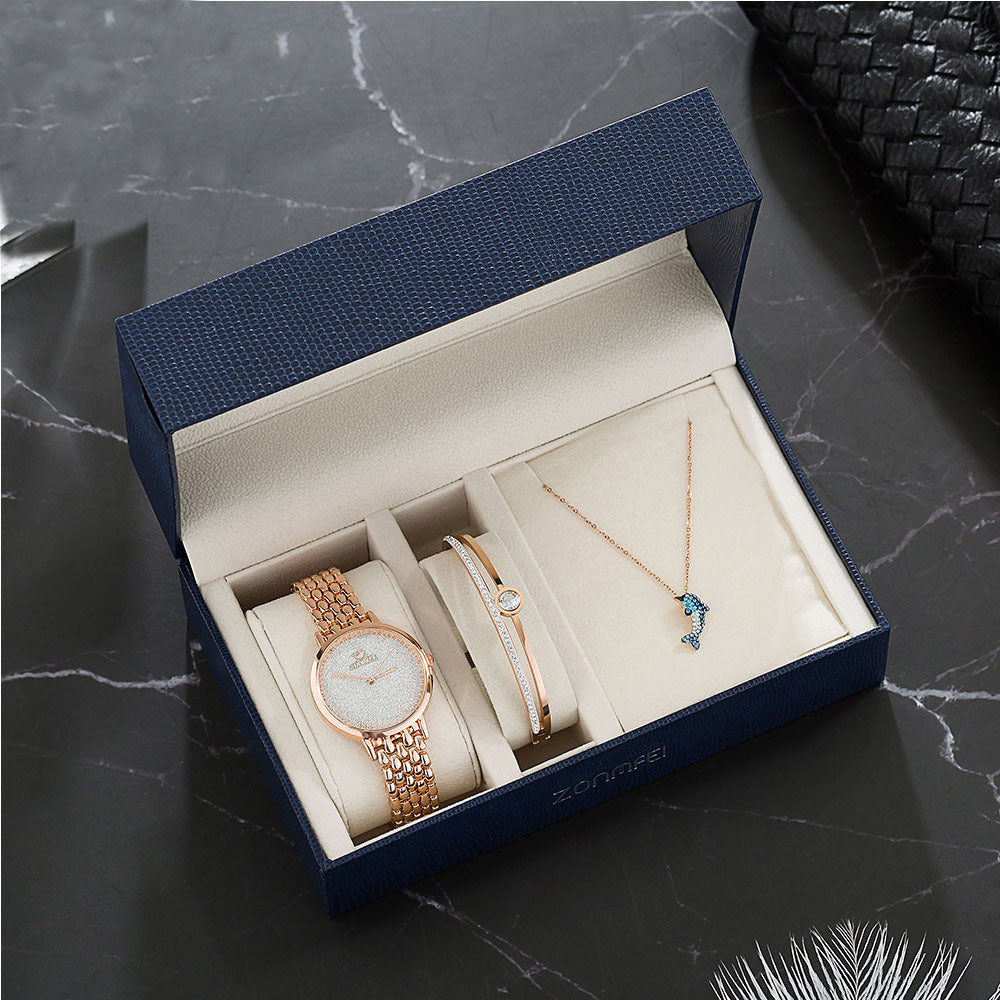 Coffret cadeau montre de luxe pour femme avec boucles d’oreilles, collier et bracelet
