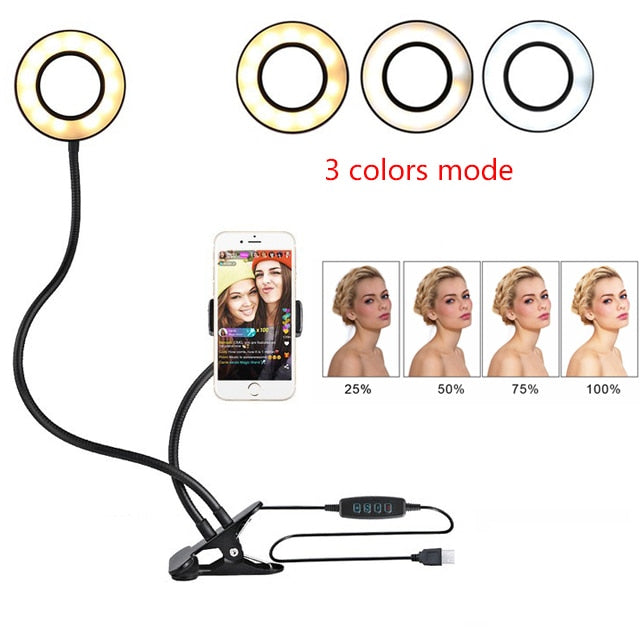 E-Anneau lumineux LED pour selfies & lives – Éclairage maquillage réglable avec support 8 cm