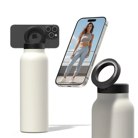 Bouteille d’eau isotherme en acier inoxydable 304, à double paroi sous vide, avec paille intégrée et système magnétique innovant permettant de fixer votre téléphone. Parfaite pour le sport, les activités extérieures et un usage quotidien.
