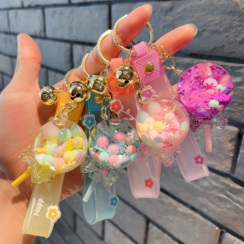 Porte-clés bouteille décorative à sable mouvant – Pendentif sucette kawaii avec perles bulles