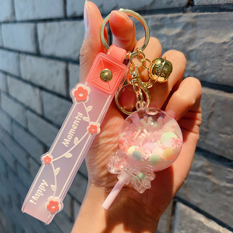 Porte-clés bouteille décorative à sable mouvant – Pendentif sucette kawaii avec perles bulles