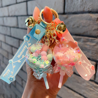 Porte-clés bouteille décorative à sable mouvant – Pendentif sucette kawaii avec perles bulles