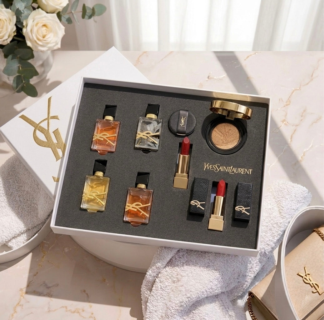 A001-Coffret Beauté & Parfum – Ensemble Parfum, Rouge à Lèvres et Cushion – Élégance Complète
