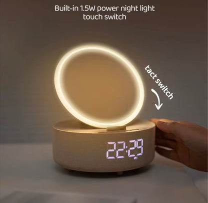 Réveil intelligent multifonction avec haut-parleur Bluetooth, chargeur sans fil, miroir LED & veilleuse