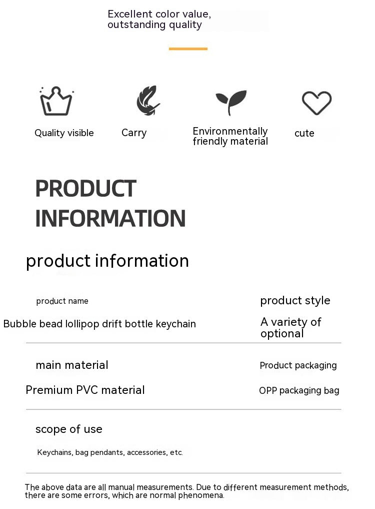 Porte-clés bouteille décorative à sable mouvant – Pendentif sucette kawaii avec perles bulles