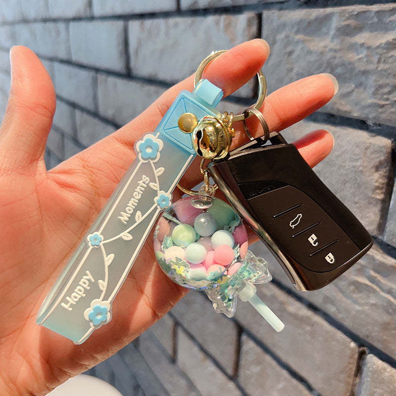Porte-clés bouteille décorative à sable mouvant – Pendentif sucette kawaii avec perles bulles
