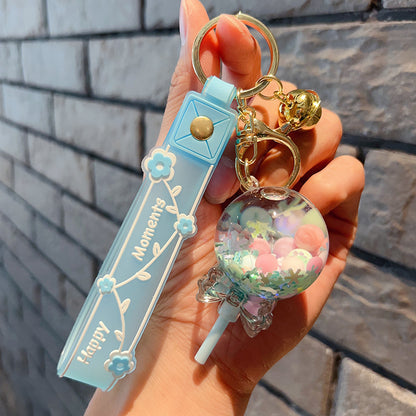 Porte-clés bouteille décorative à sable mouvant – Pendentif sucette kawaii avec perles bulles
