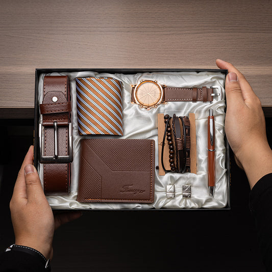Coffret cadeau homme pour la fête des pères : montre, ceinture, portefeuille, cravate et boutons de manchette