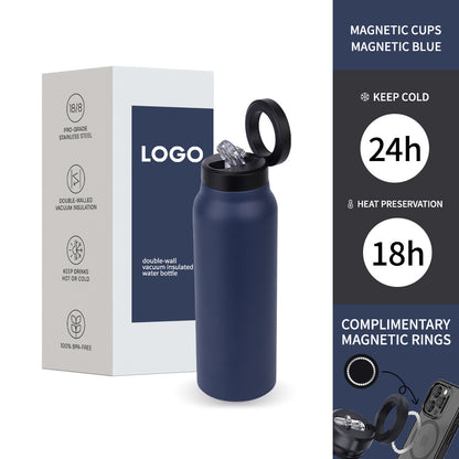 Insulated water bottle made of 304 stainless steel, double-walled vacuum insulation, with an integrated straw and an innovative magnetic system for attaching your phone. Perfect for sports, outdoor activities, and everyday use.