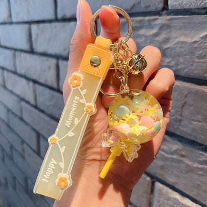 Porte-clés bouteille décorative à sable mouvant – Pendentif sucette kawaii avec perles bulles